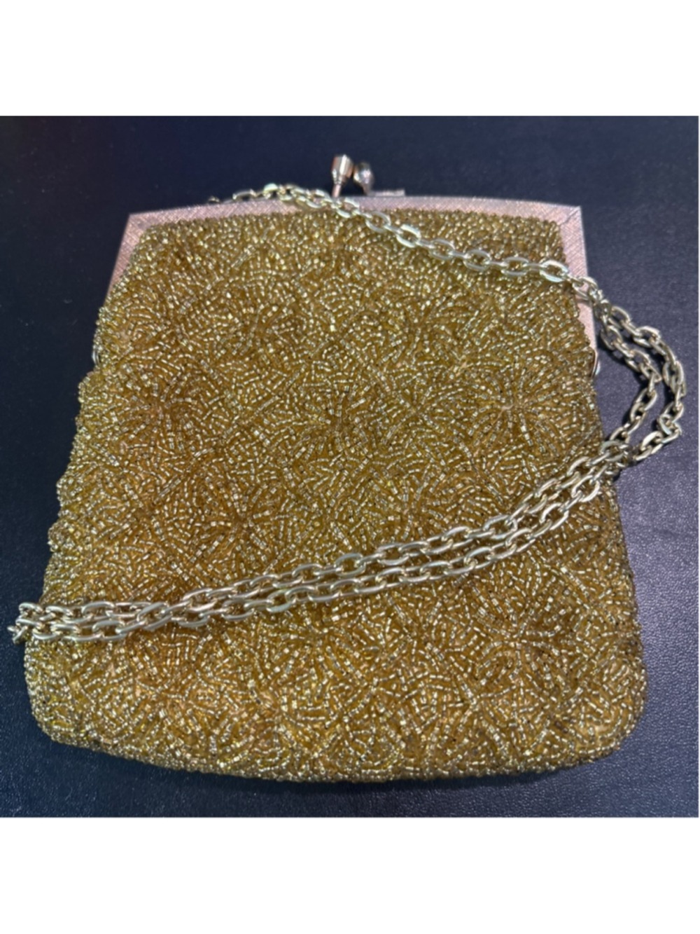Women's vintage Walborg hand beaded in Hong Kong Gold Beaded purse 6 x 5.5”